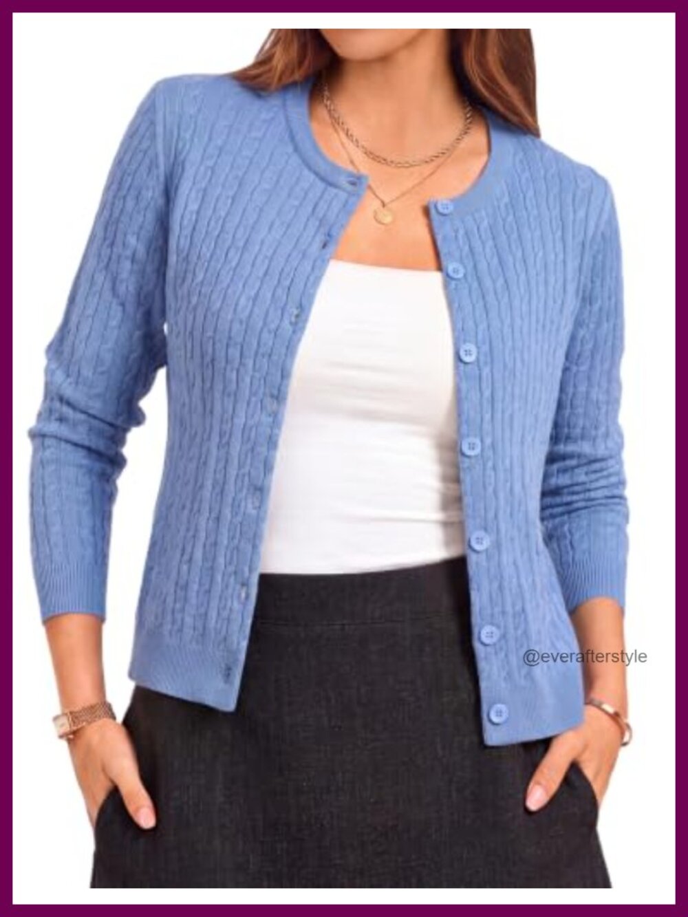 Cable Knit Button Down Cardigan Crew Neck Lightweight Sweater